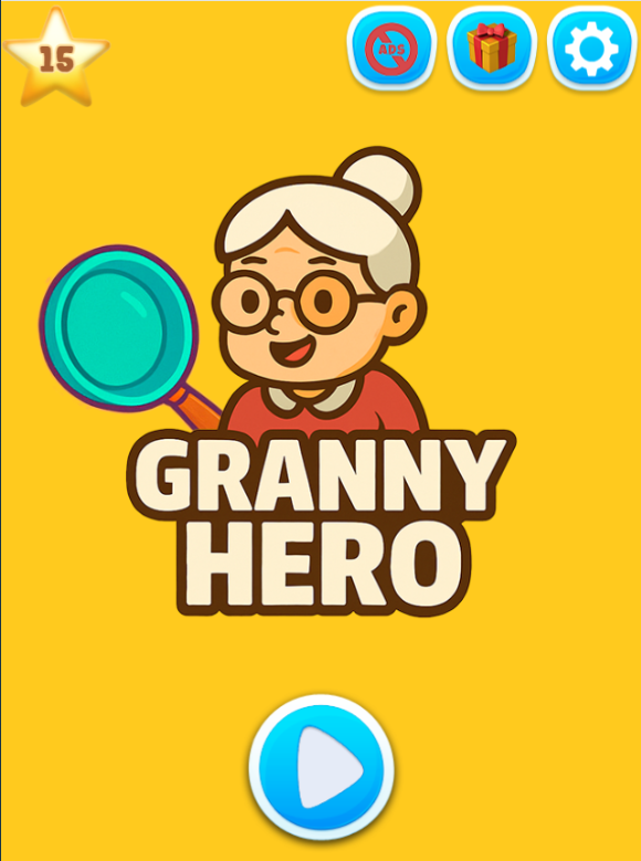 Granny Hero gameplay showing the grandma hitting mice with a frying pan in a colorful arcade scene